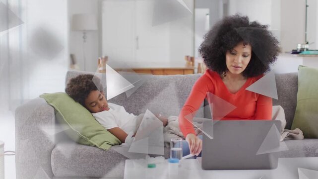 Mother seeing son sick, reaching for thermometer and monitoring health via laptop, triangles moving