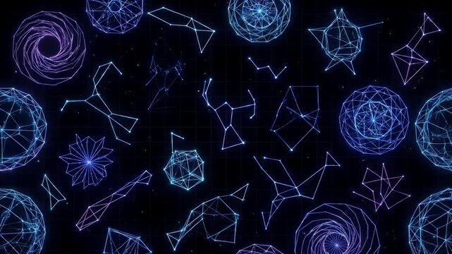 The video shows a digital wireframe looping animation of various star patterns and geometric shapes. The designs are created using glowing blue and purple lines against a black background with a