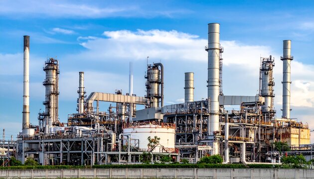 Industrial refinery complex with distillation towers and storage tanks