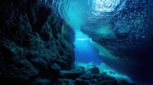 Underwater cavern with a bright opening, sunlight streaming through the water