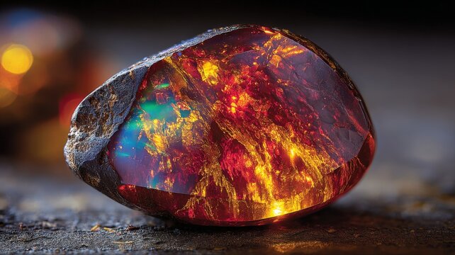 Close-up of a vibrant, rough fire opal gemstone showcasing fiery red, orange, and blue spectral colors with a dark, textured background