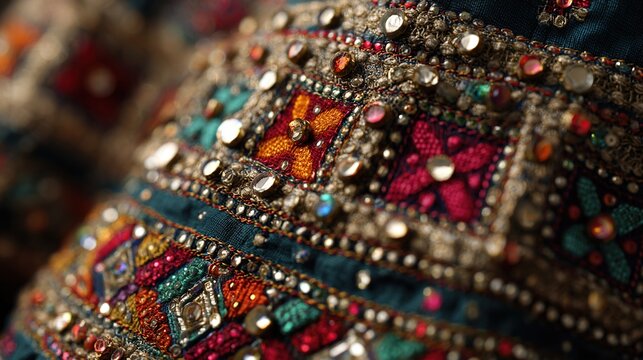 shockabsorber. Close-up of a traditional garment with intricate mirror work and silk embroidery. STEM education sheets, lab safety posters, designed for biotech research communications.