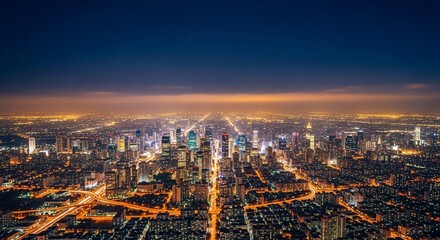 Fototapeta na wymiar Panoramic aerial view of a sprawling modern city at night, showcasing illuminated skyscrapers, urban infrastructure, and glowing streetlights under a dark sky.
