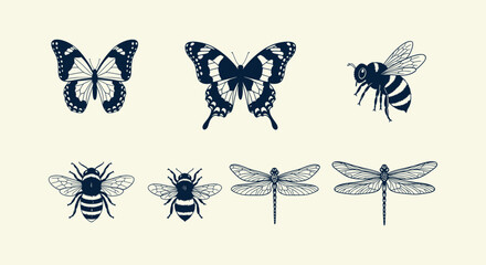Vintage Style Hand Drawn Insect Illustrations Set Including Butterflies Bees and Dragonflies © Bilkis Islam