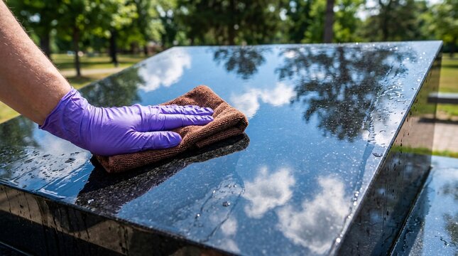 Purple gloved hand carefully wipes a polished reflective black marble monument with a microfiber cloth, reflecting the sky on wet stone.