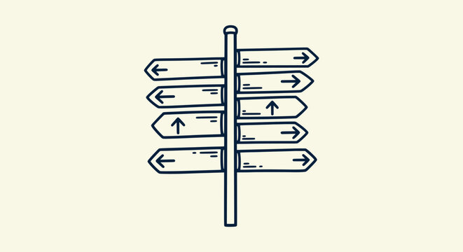 Hand Drawn Minimalist Multi-Directional Signpost Line Art Illustration for Decisions and Navigation