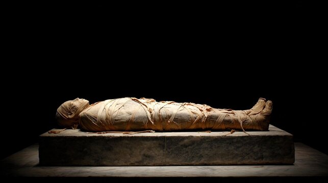sarcophagus. Ancient Egyptian mummy in stone sarcophagus with linen bandages, museum display. event programs, museum guides, designed for cultural heritage projects and event programs.