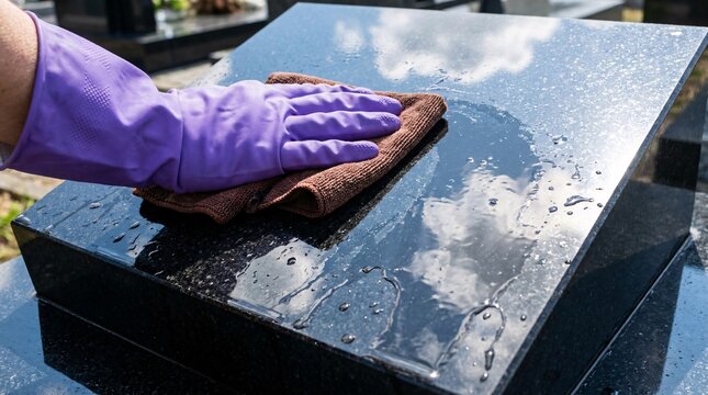 Purple gloved hand carefully wipes a polished reflective black marble monument with a microfiber cloth, reflecting the sky on wet stone.