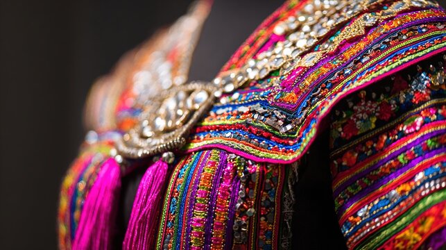 shockabsorber. Close-up of a traditional garment with intricate mirror work and silk embroidery. STEM education sheets, lab safety posters, designed for biotech research communications.