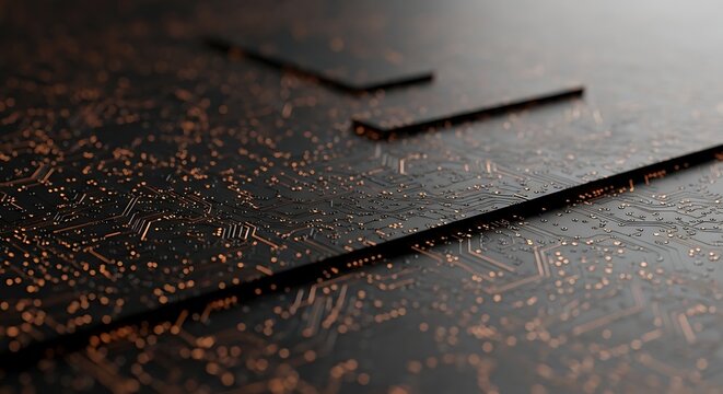 Abstract digital circuit board pattern with glowing orange lines on a dark textured background representing technology and data flow