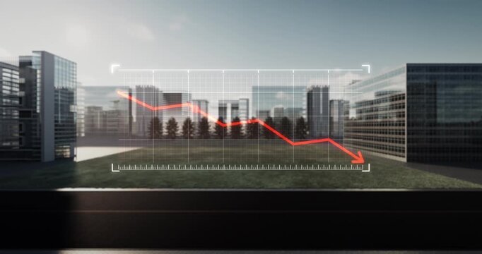 3D rendering of economic downturn concept in modern city. Green land plot sits among high-rise buildings while descending red graph overlays scene, symbolizing falling property value, reduced demand.