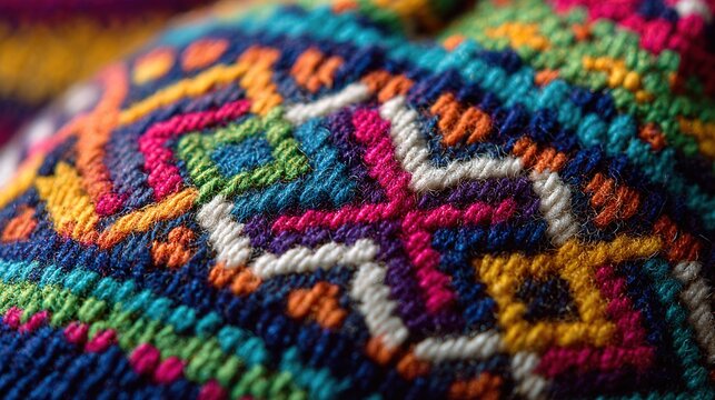 deontology. Colorful traditional Andean knitted hat with intricate geometric patterns. event programs, museum guides, designed for cultural heritage projects and event programs, preserves heritage.