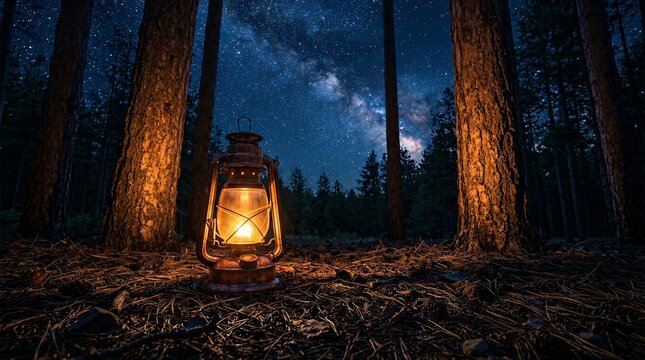 Rustic copper camping lantern sits on a pine needle forest floor at night, emitting a magical amber glow under a dark blue starry sky.