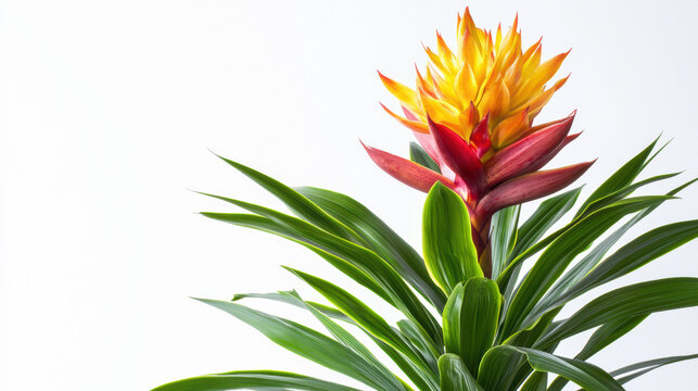 A vibrant bromeliad plant showcases its colorful bloom, featu yellow and orange petals accented by red bracts against a clean white backdrop in a studio setting.