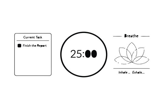Pomodoro timer with task and breathing reminder icon set Vector