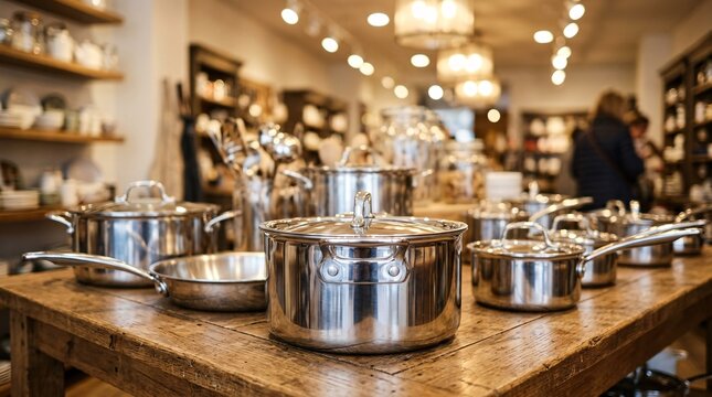 Shining stainless steel cooking pots and pans sit meticulously on a rustic wooden table inside a beautiful premium kitchenware boutique.