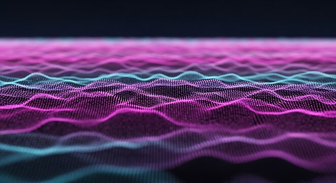 Abstract glowing digital wave pattern of pink and blue particles flowing in a futuristic soundscape or data stream