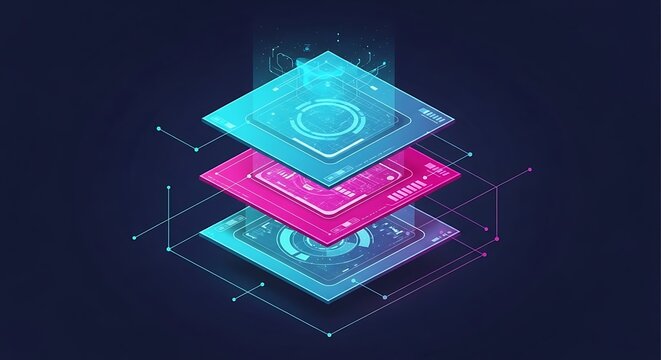 Futuristic Layered Holographic Interfaces Glowing in Blue and Pink
