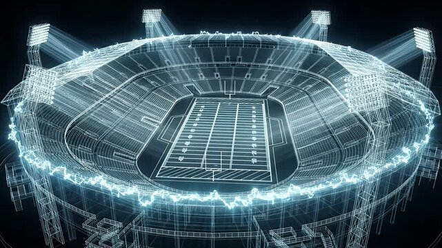 An abstract digital wireframe of an American football stadium is illuminated against a black background.