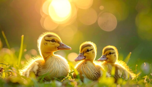 Three ducklings in golden sunlight