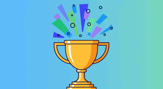 Vibrant trophy cup celebrates football world cup victory with colorful confetti explosion