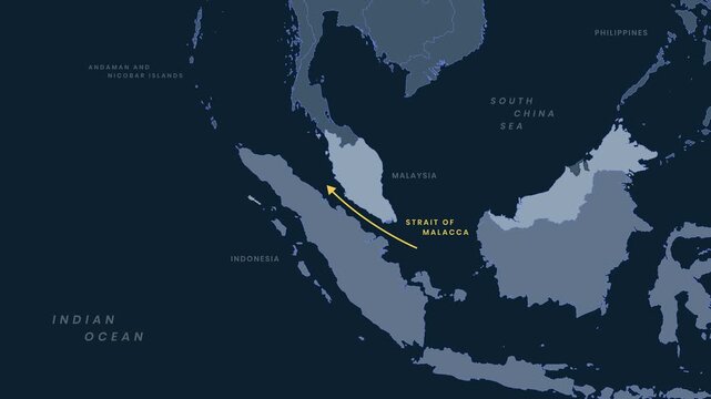 Map Animation Highlighting Strait Of Malacca With Animated Yellow Arrow Line Showing Strategic Maritime Trade Route 4K