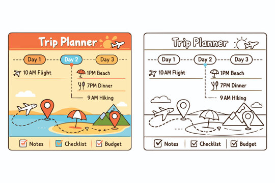 Colorful and minimal trip planner infographic with daily itinerary and icons Vector