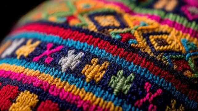 deontology. Colorful traditional Andean knitted hat with intricate geometric patterns. event programs, museum guides, designed for cultural heritage projects and event programs, preserves heritage.