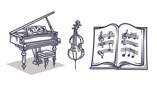 Orchestral instruments, piano, bass, and musical score; sketched, stylized outline on white