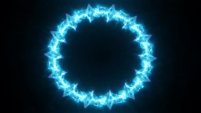A circular pattern of glowing blue wireframe stars is displayed against a black background. The stars are interconnected, forming a complete circle with light effects.
