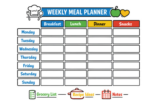 Colorful weekly meal planner chart with breakfast lunch dinner snacks sections Vector