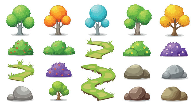Cartoon nature game assets collection, 18 colorful vector trees bushes and rocks, stylized landscape environment elements for mobile gaming UI