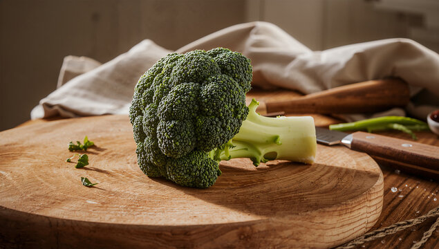 木のまな板にブロッコリーを置いた調理前の食材写真