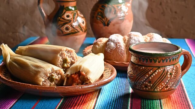 Traditional Mexican tamales with hot chocolate and sweet bread