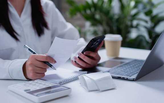 Businesswoman calculating business data for tax and financial planning, meeting deadline, office accounting, government refund, expense tracking, debt and balance management concept.