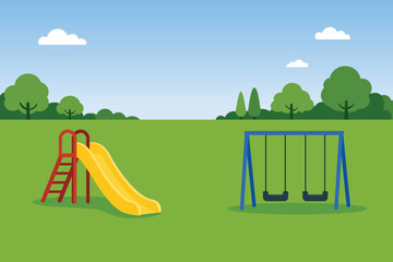 Naklejka premium Public park playground with yellow slide, blue swing and green field vector illustration.