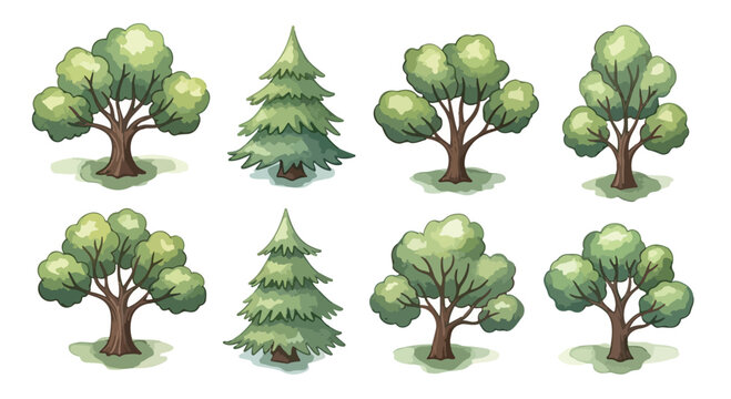 Stylized green tree vector set, collection of 8 hand-drawn deciduous and coniferous trees, organic forest nature icons for game design and landscaping