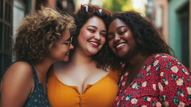Plus-size woman with friends enjoying laughter and happiness in a colorful outdoor setting