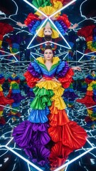Fototapeta premium Rainbow Rhapsody in Mirrors: A woman, adorned in a vibrant, multi-layered rainbow gown, strikes a pose amidst a dazzling array of mirrors, creating a mesmerizing spectacle of color, reflection.