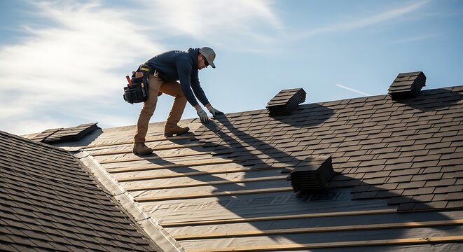Man working on roof.