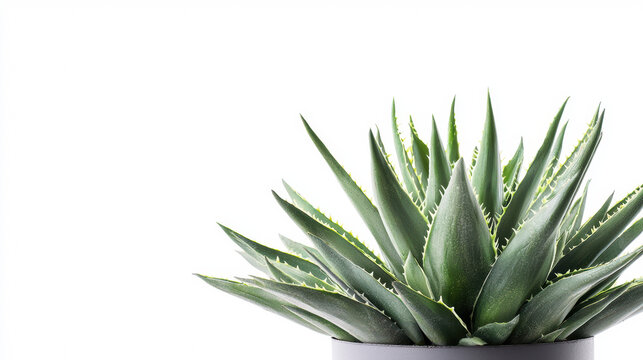 The vibrant green aloe vera plant, with its ly pointed leaves and textured surface, stands out against a clean, minimalist white background in stark contrast.