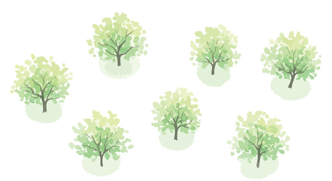 Watercolor green trees collection, set of 7 hand-drawn style deciduous tree vectors, soft pastel foliage illustrations for architectural site plans