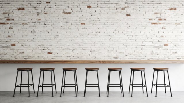 A row of seven wooden stools are lined up against a white brick wall in an empty room.