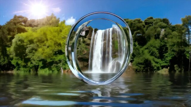 A waterfall is framed by a clear ring over reflective water with green foliage and blue sky