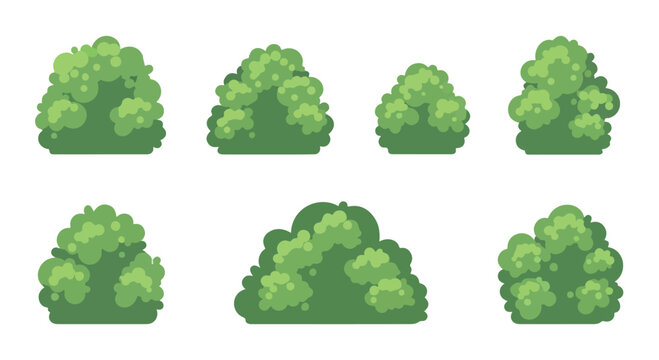 Pixel art green bushes set, 8-bit style garden shrub collection, retro video game foliage assets, nature landscape elements for game design