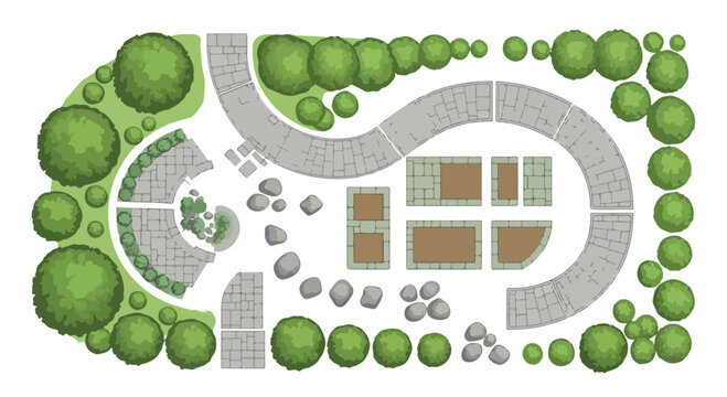 Landscape design plan vector illustration, garden architectural layout with stone paths and green trees, backyard landscaping blueprint for park