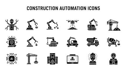 Construction Automation Icons Set: Robotic Arms, Drones, Excavators, Cranes, and AI Chip © MstSomaya