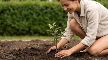Fototapeta premium Woman planting a young tree sapling in rich soil while kneeling on the ground in a garden surrounded by lush green foliage and a clear blue sky