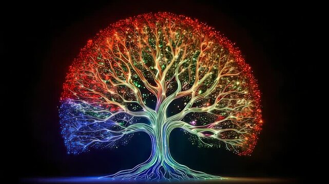 A vibrant, glowing tree, rendered in rainbow hues, against a stark black background