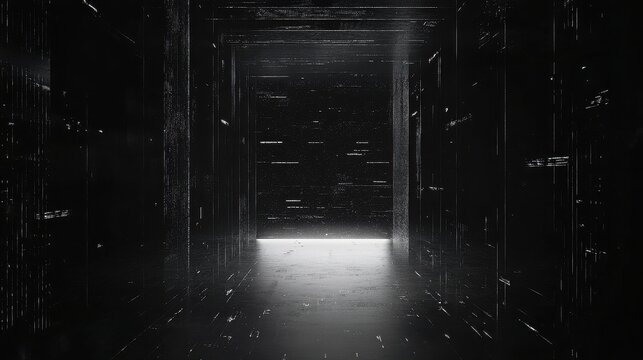 A dark, futuristic hallway with a glowing light at the end.